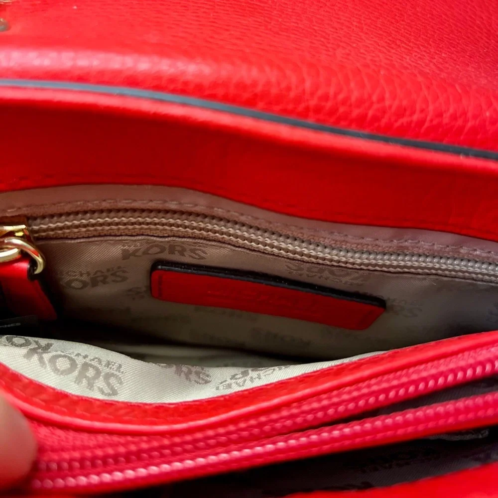 Michael Kors Red Leather Small Top Handle Satchel / Crossbody Bag Gold MK Logo